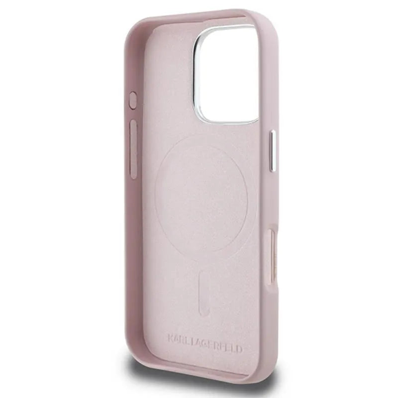 Karl Lagerfeld FW Metal Plate MagSafe – dėklas, skirtas iPhone 16 Pro Max (rožinis)