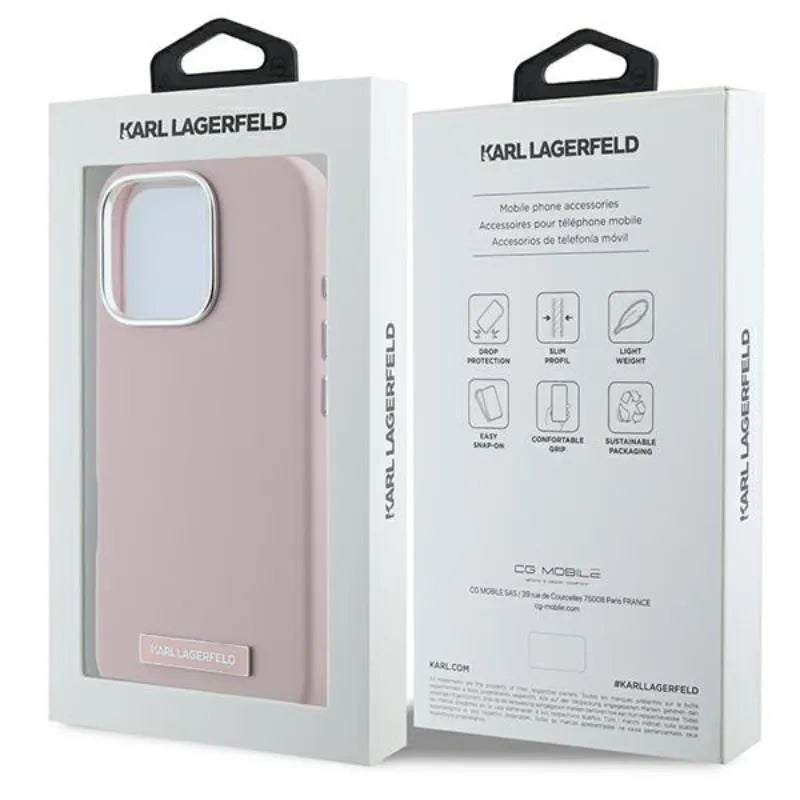 Karl Lagerfeld FW Metal Plate MagSafe – dėklas, skirtas iPhone 16 Pro Max (rožinis)