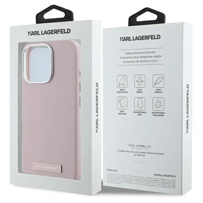 Karl Lagerfeld FW Metal Plate MagSafe – dėklas, skirtas iPhone 16 Pro (rožinis)