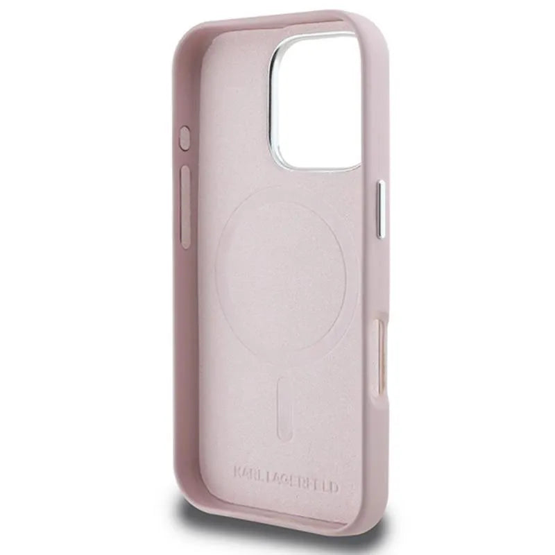 Karl Lagerfeld FW Metal Plate MagSafe – dėklas, skirtas iPhone 16 Pro (rožinis)