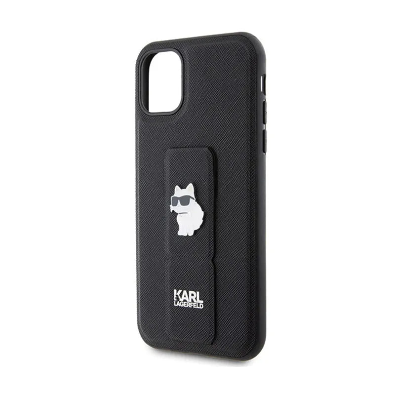 Karl Lagerfeld Gripstand Saffiano Choupette Pins – „iPhone 11“ dėklas (juodas)