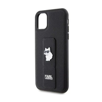Karl Lagerfeld Gripstand Saffiano Choupette Pins – „iPhone 11“ dėklas (juodas)