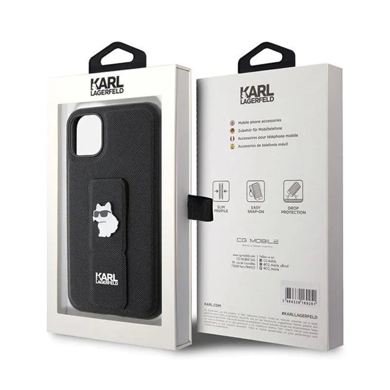 Karl Lagerfeld Gripstand Saffiano Choupette Pins – „iPhone 11“ dėklas (juodas)