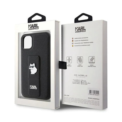 Karl Lagerfeld Gripstand Saffiano Choupette Pins – „iPhone 11“ dėklas (juodas)