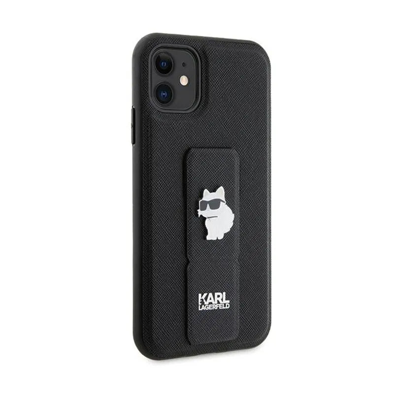 Karl Lagerfeld Gripstand Saffiano Choupette Pins – „iPhone 11“ dėklas (juodas)