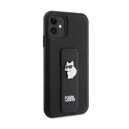 Karl Lagerfeld Gripstand Saffiano Choupette Pins – „iPhone 11“ dėklas (juodas)