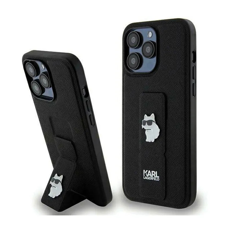 Karl Lagerfeld Gripstand Saffiano Choupette Pins – iPhone 13 Pro dėklas (juodas)