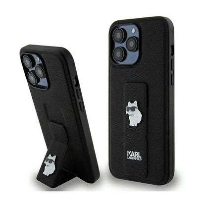 Karl Lagerfeld Gripstand Saffiano Choupette Pins – iPhone 13 Pro dėklas (juodas)
