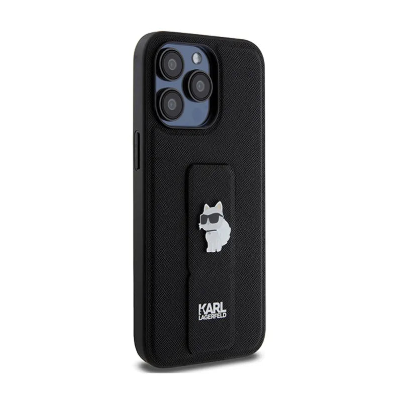 Karl Lagerfeld Gripstand Saffiano Choupette Pins – iPhone 13 Pro Max dėklas (juodas)