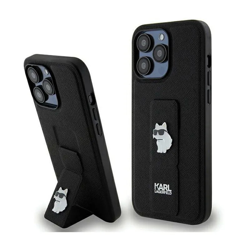 Karl Lagerfeld Gripstand Saffiano Choupette Pins – iPhone 13 Pro Max dėklas (juodas)