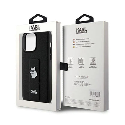 Karl Lagerfeld Gripstand Saffiano Choupette Pins – iPhone 13 Pro Max dėklas (juodas)