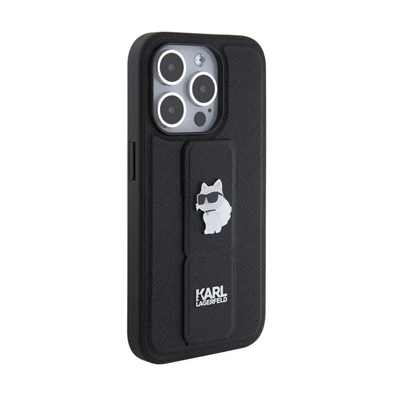 Karl Lagerfeld Gripstand Saffiano Choupette Pins – iPhone 14 Pro dėklas (juodas)