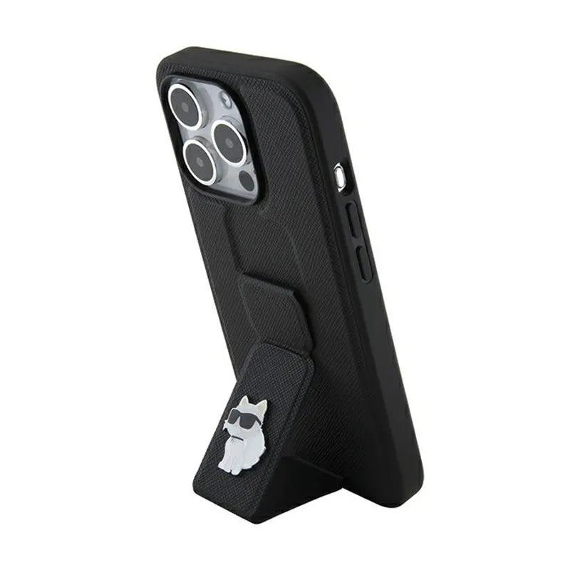 Karl Lagerfeld Gripstand Saffiano Choupette Pins – iPhone 14 Pro dėklas (juodas)