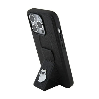 Karl Lagerfeld Gripstand Saffiano Choupette Pins – iPhone 14 Pro dėklas (juodas)