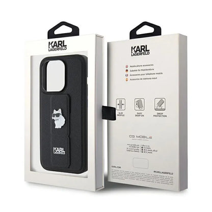 Karl Lagerfeld Gripstand Saffiano Choupette Pins – iPhone 14 Pro dėklas (juodas)