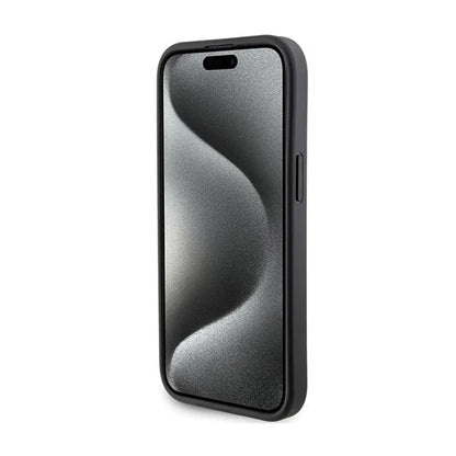 Karl Lagerfeld Gripstand Saffiano Choupette Pins – „iPhone 15 Plus“ dėklas (juodas)