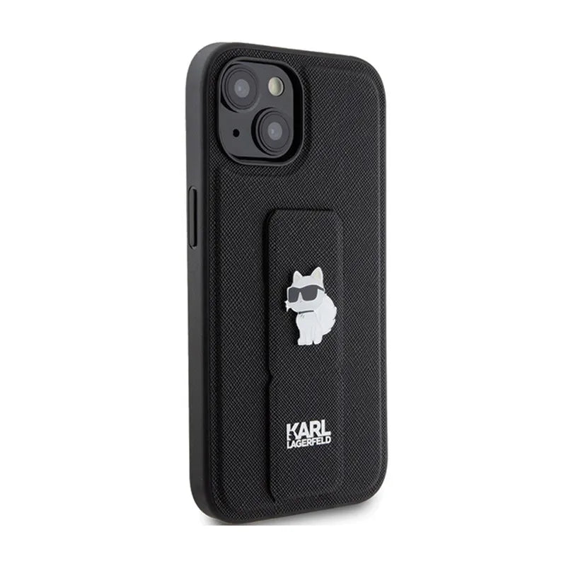 Karl Lagerfeld Gripstand Saffiano Choupette Pins – „iPhone 15 Plus“ dėklas (juodas)