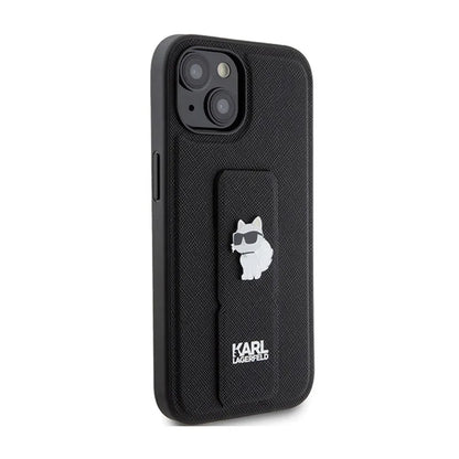 Karl Lagerfeld Gripstand Saffiano Choupette Pins – „iPhone 15 Plus“ dėklas (juodas)