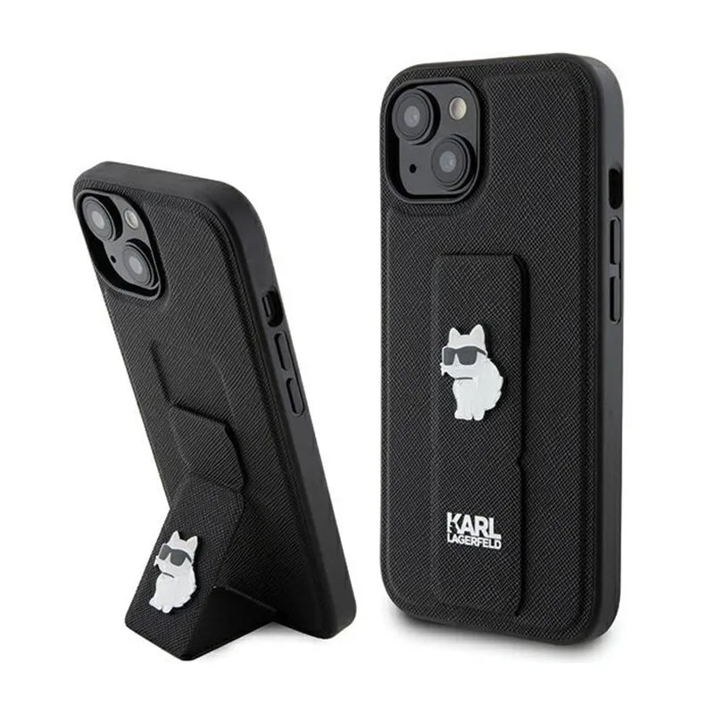 Karl Lagerfeld Gripstand Saffiano Choupette Pins – „iPhone 15 Plus“ dėklas (juodas)