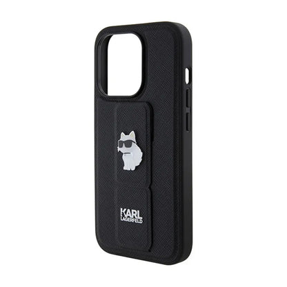 Karl Lagerfeld Gripstand Saffiano Choupette Pins – iPhone 15 Pro dėklas (juodas)