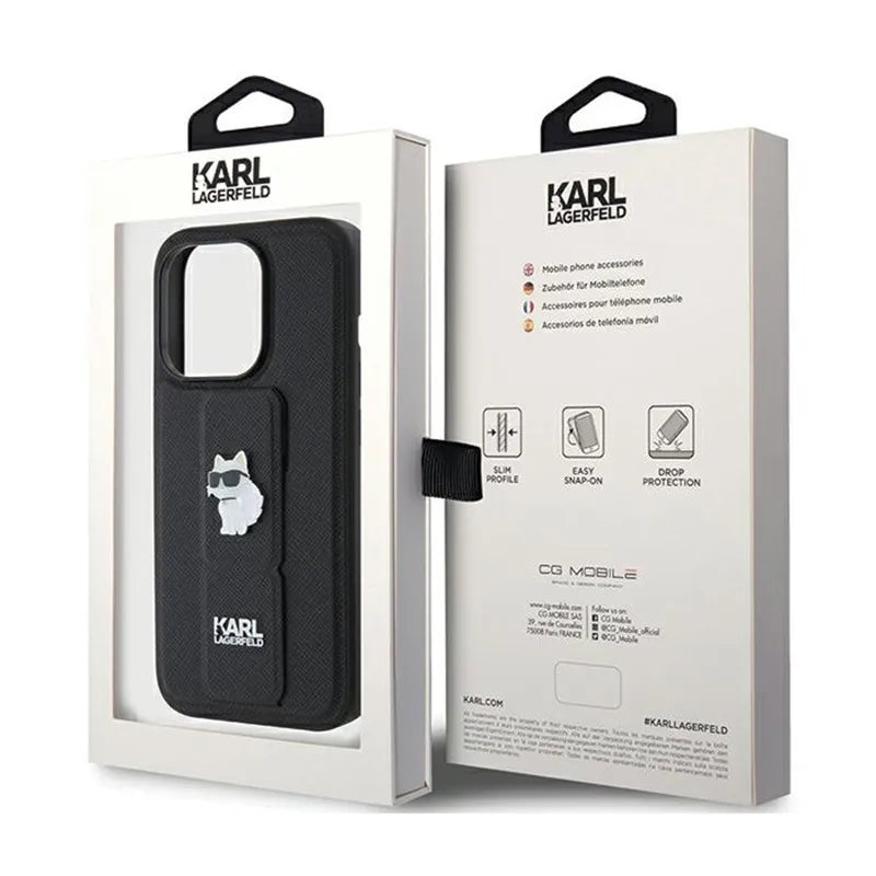Karl Lagerfeld Gripstand Saffiano Choupette Pins – iPhone 15 Pro Max dėklas (juodas)