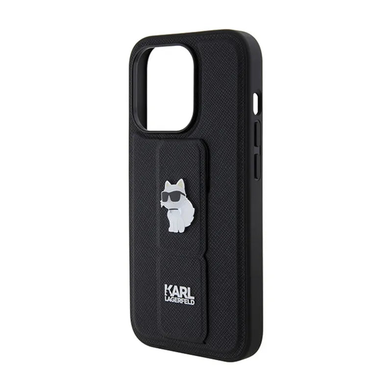 Karl Lagerfeld Gripstand Saffiano Choupette Pins – iPhone 15 Pro Max dėklas (juodas)