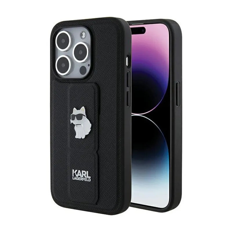 Karl Lagerfeld Gripstand Saffiano Choupette Pins – iPhone 15 Pro Max dėklas (juodas)