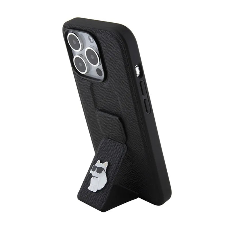 Karl Lagerfeld Gripstand Saffiano Choupette Pins – iPhone 15 Pro Max dėklas (juodas)
