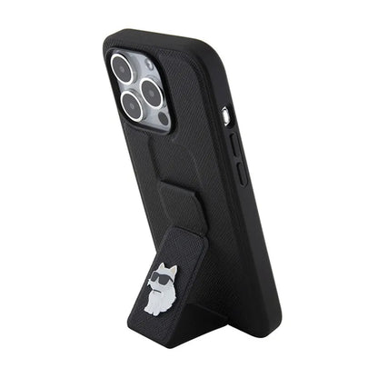 Karl Lagerfeld Gripstand Saffiano Choupette Pins – iPhone 15 Pro Max dėklas (juodas)