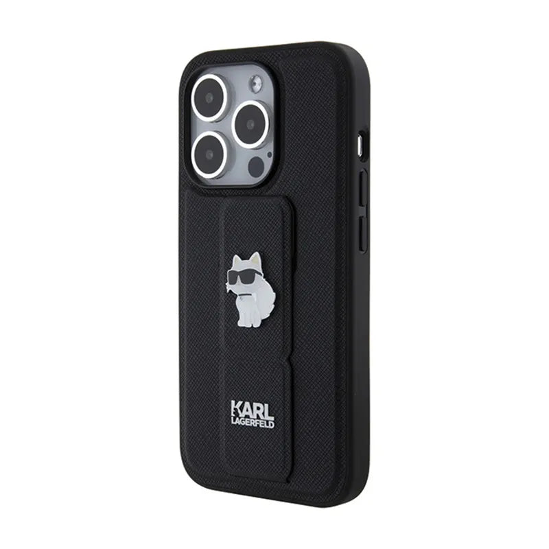 Karl Lagerfeld Gripstand Saffiano Choupette Pins – iPhone 15 Pro Max dėklas (juodas)