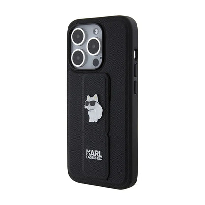 Karl Lagerfeld Gripstand Saffiano Choupette Pins – iPhone 15 Pro Max dėklas (juodas)