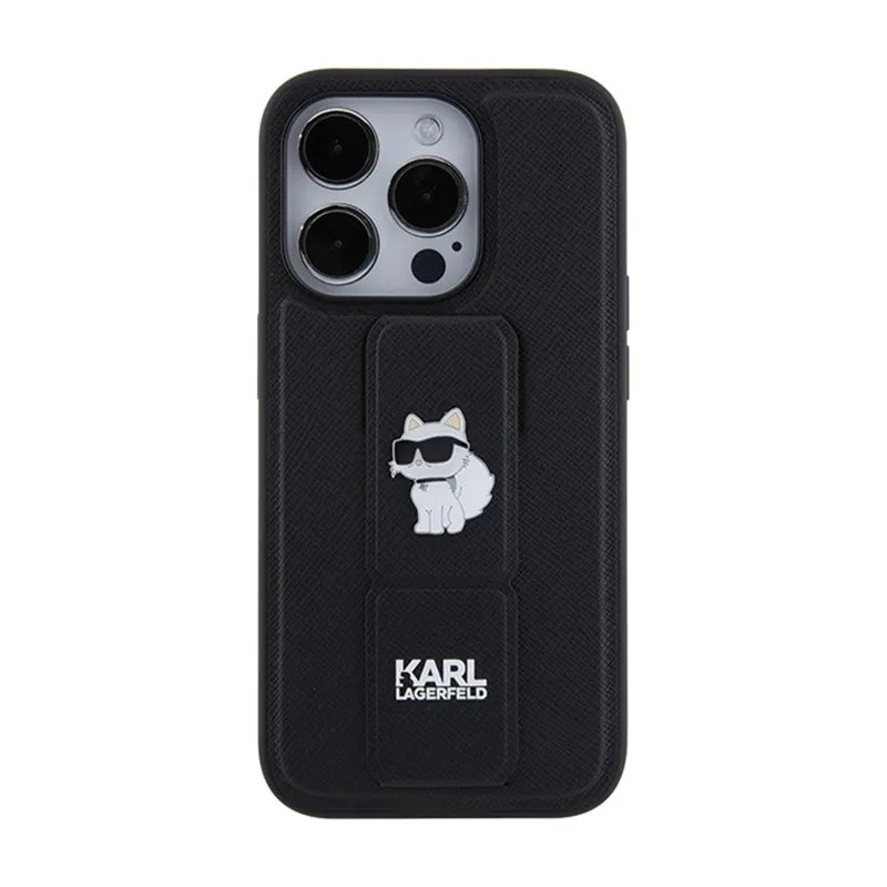 Karl Lagerfeld Gripstand Saffiano Choupette Pins – iPhone 15 Pro Max dėklas (juodas)