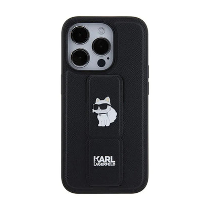 Karl Lagerfeld Gripstand Saffiano Choupette Pins – iPhone 15 Pro Max dėklas (juodas)