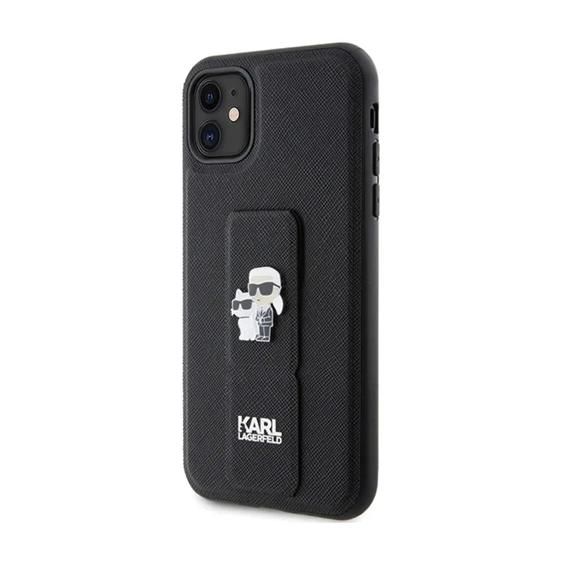 Karl Lagerfeld Gripstand Saffiano Karl & Choupette Pins - iPhone 11 dėklas (juodas)