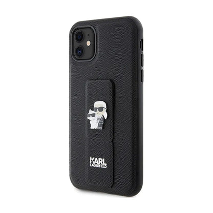 Karl Lagerfeld Gripstand Saffiano Karl & Choupette Pins - iPhone 11 dėklas (juodas)