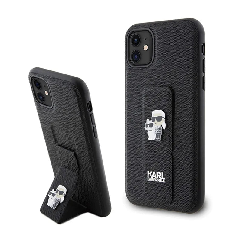 Karl Lagerfeld Gripstand Saffiano Karl & Choupette Pins - iPhone 11 dėklas (juodas)