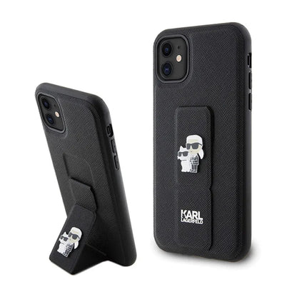 Karl Lagerfeld Gripstand Saffiano Karl & Choupette Pins - iPhone 11 dėklas (juodas)