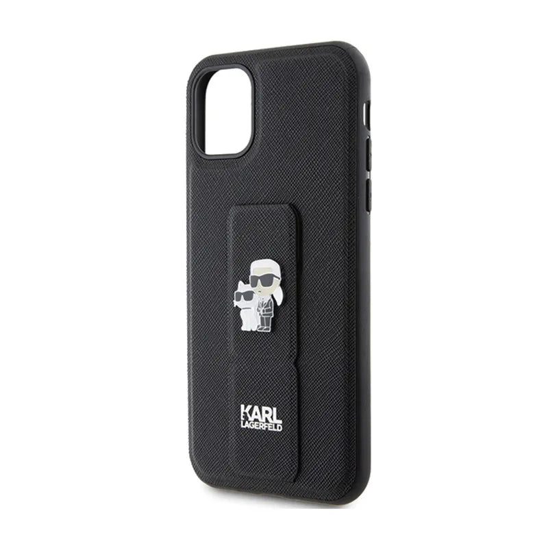 Karl Lagerfeld Gripstand Saffiano Karl & Choupette Pins - iPhone 11 dėklas (juodas)
