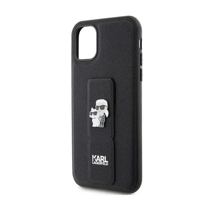 Karl Lagerfeld Gripstand Saffiano Karl & Choupette Pins - iPhone 11 dėklas (juodas)