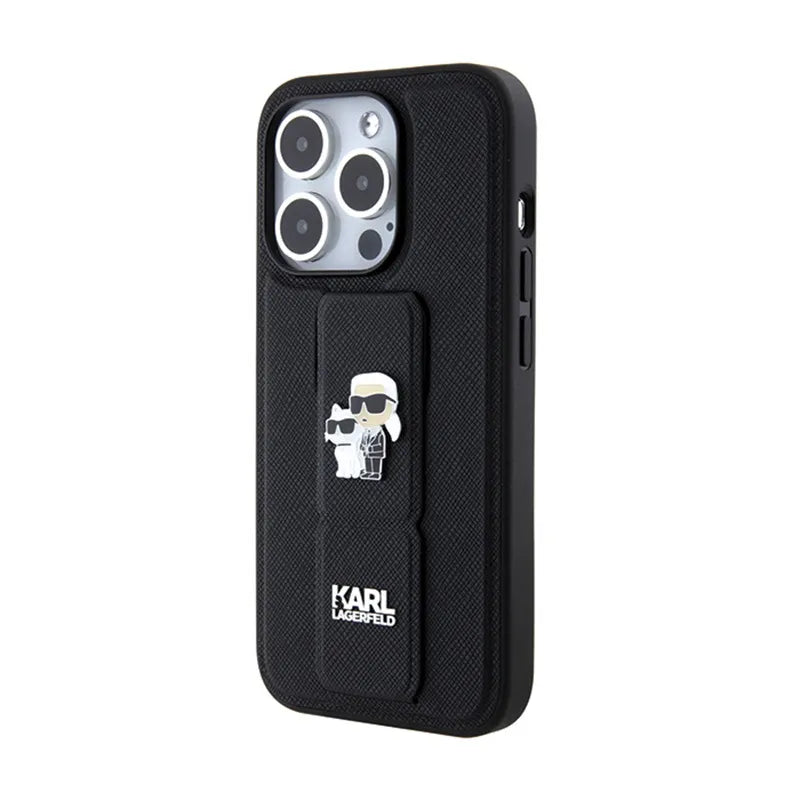 Karl Lagerfeld Gripstand Saffiano Karl & Choupette Pins - iPhone 13 Pro dėklas (juodas)