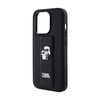 Karl Lagerfeld Gripstand Saffiano Karl & Choupette Pins - iPhone 13 Pro dėklas (juodas)