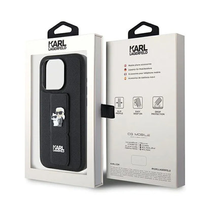 Karl Lagerfeld Gripstand Saffiano Karl & Choupette Pins - iPhone 13 Pro dėklas (juodas)