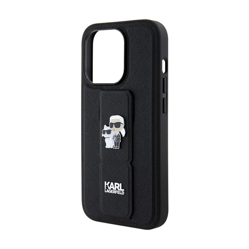 Karl Lagerfeld Gripstand Saffiano Karl & Choupette Pins - iPhone 14 Pro dėklas (juodas)