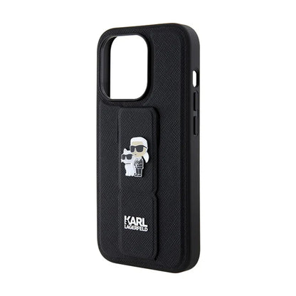 Karl Lagerfeld Gripstand Saffiano Karl & Choupette Pins - iPhone 14 Pro dėklas (juodas)