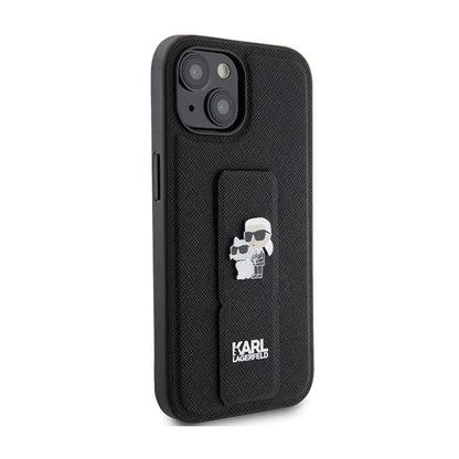 Karl Lagerfeld Gripstand Saffiano Karl & Choupette Pins – iPhone 15 dėklas (juodas)