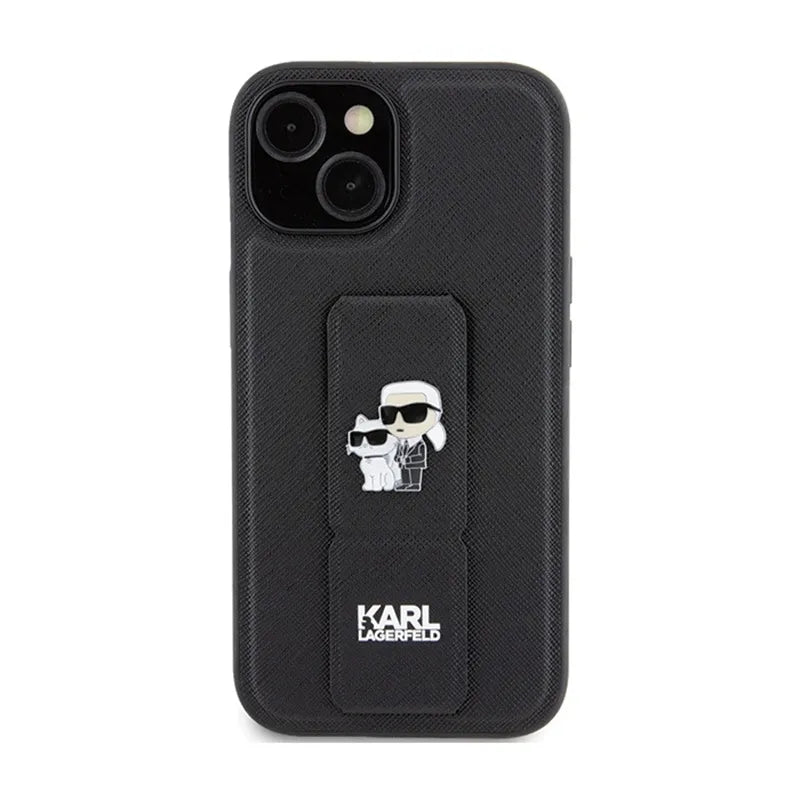 Karl Lagerfeld Gripstand Saffiano Karl & Choupette Pins – iPhone 15 dėklas (juodas)