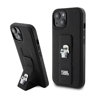 Karl Lagerfeld Gripstand Saffiano Karl & Choupette Pins – „iPhone 15 Plus“ dėklas (juodas)