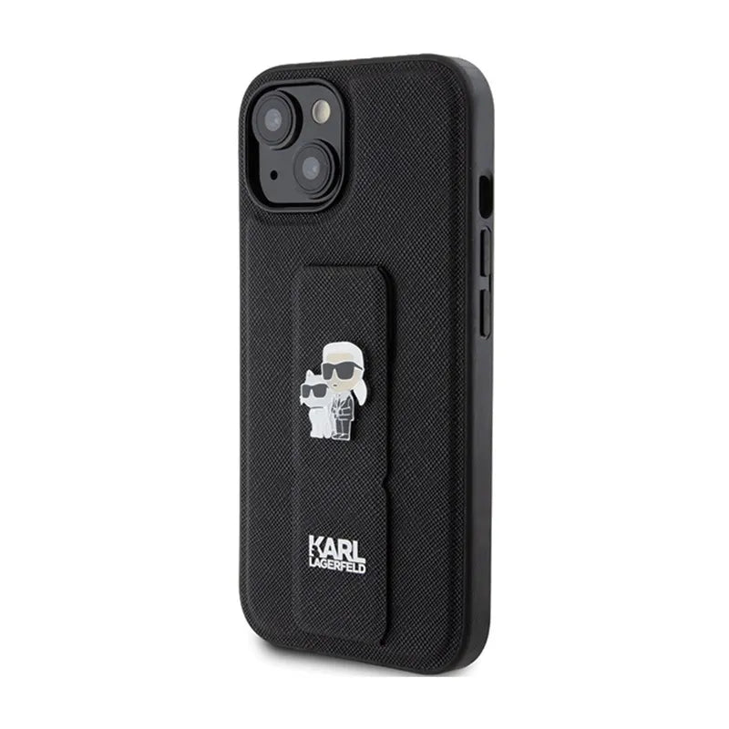 Karl Lagerfeld Gripstand Saffiano Karl & Choupette Pins – „iPhone 15 Plus“ dėklas (juodas)