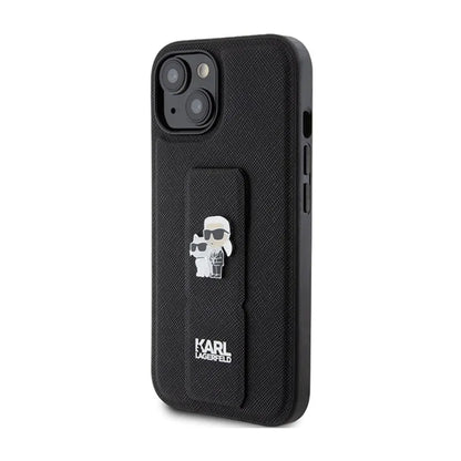 Karl Lagerfeld Gripstand Saffiano Karl & Choupette Pins – „iPhone 15 Plus“ dėklas (juodas)
