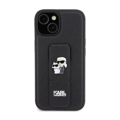 Karl Lagerfeld Gripstand Saffiano Karl & Choupette Pins – „iPhone 15 Plus“ dėklas (juodas)